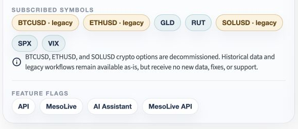 The account page lists subscribed symbols and enabled features.