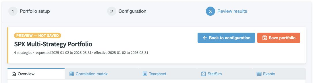 Review the temporary analysis, then select Save portfolio to keep the result.