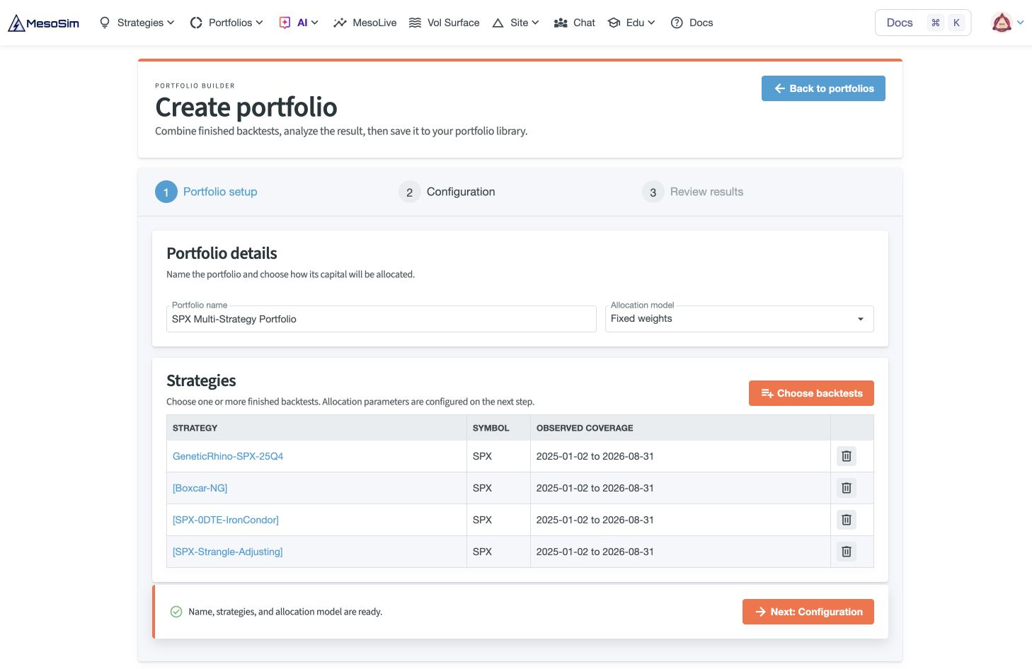 GeneticRhino, Boxcar-NG, 0DTE Iron Condor, and Strangle-Adjusting selected for the example portfolio.