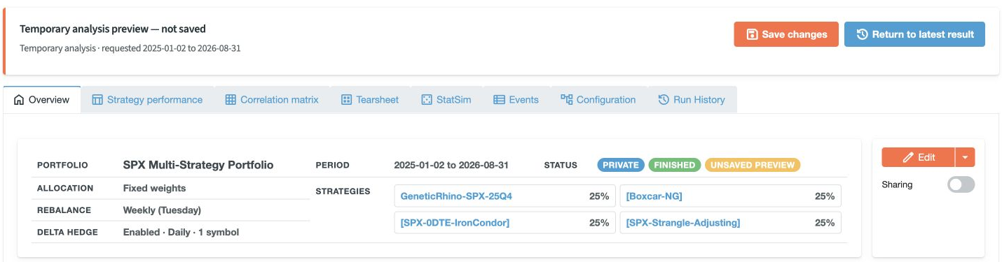 A temporary preview after changing weekly rebalancing from Monday to Tuesday. Save changes keeps the reviewed result.