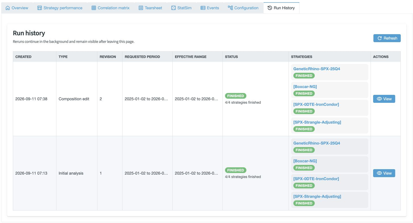 Run History records the initial analysis and a later configuration revision, with the status of each component.