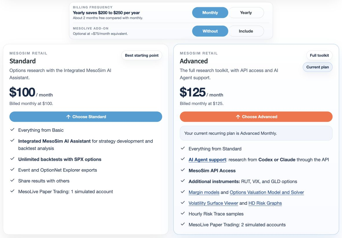 Review Standard and Advanced plans, billing frequency, and the optional MesoLive add-on.