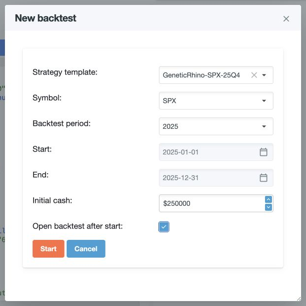 A templated GeneticRhino run configured for SPX over 2025 with $250,000 starting cash.